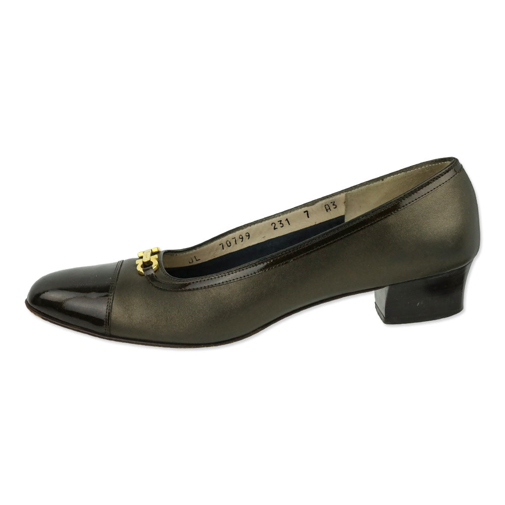Salvatore Ferragamo Bronze Leather Patent Cap Toe Luisetta Pump