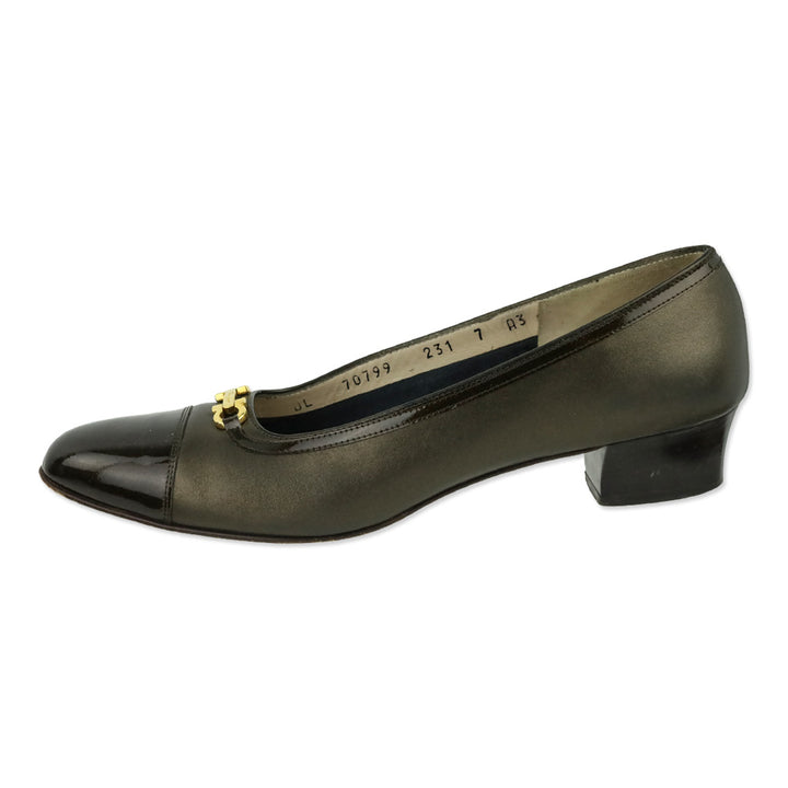 Salvatore Ferragamo Bronze Leather Patent Cap Toe Luisetta Pump
