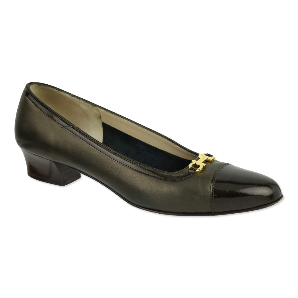 Salvatore Ferragamo Bronze Leather Patent Cap Toe Luisetta Pump
