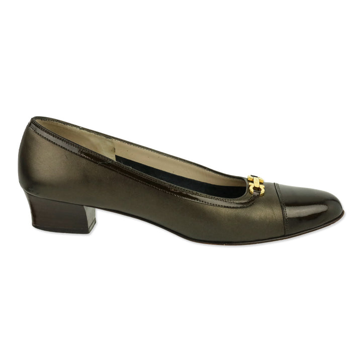Salvatore Ferragamo Bronze Leather Patent Cap Toe Luisetta Pump