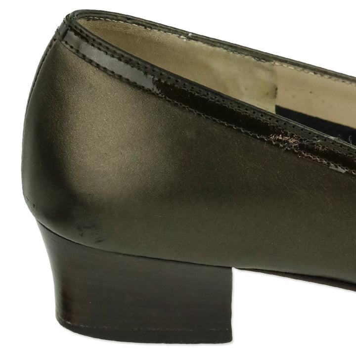 Salvatore Ferragamo Bronze Leather Patent Cap Toe Luisetta Pump