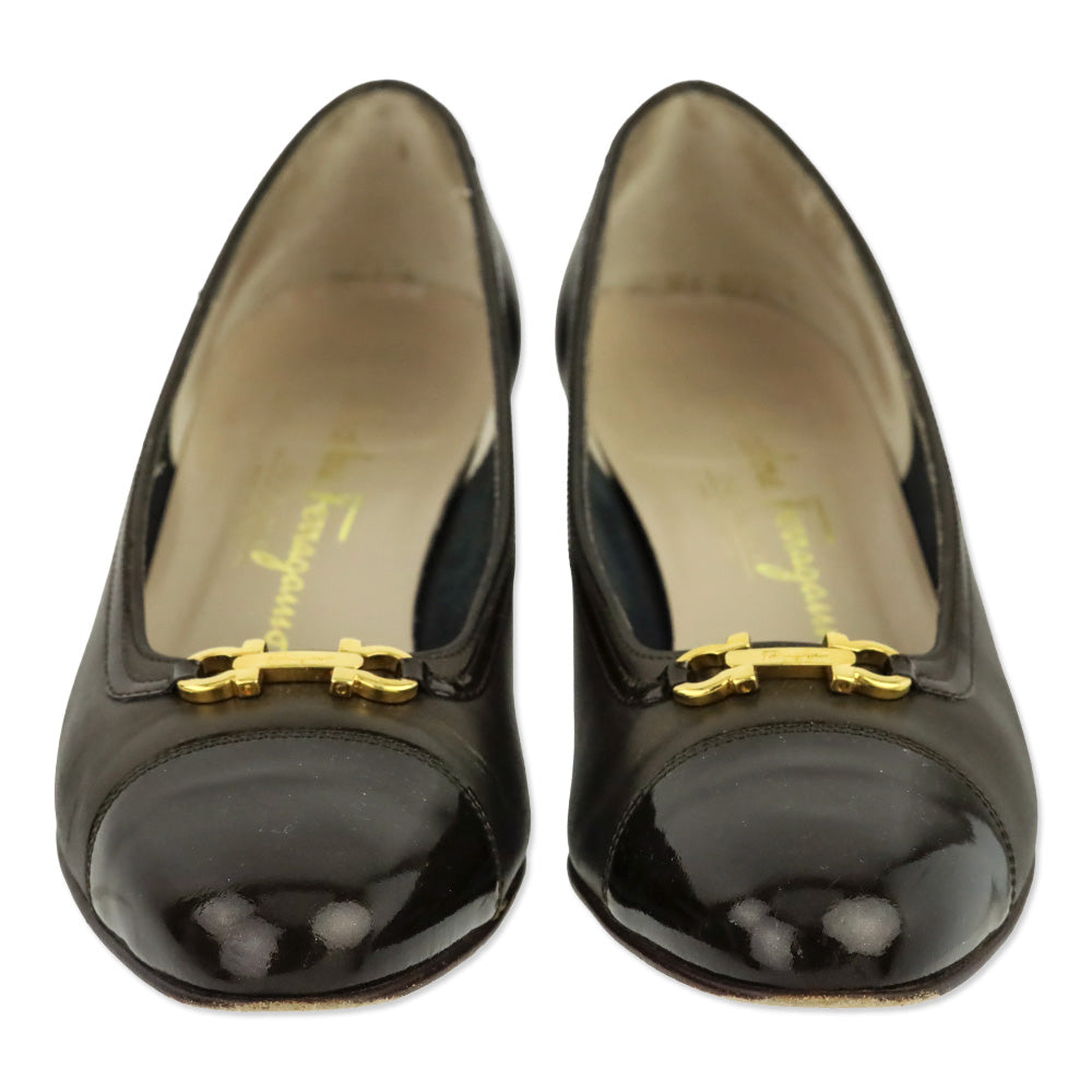 Salvatore Ferragamo Bronze Leather Patent Cap Toe Luisetta Pump