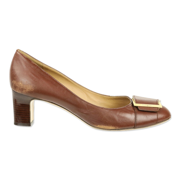 Salvatore Ferragamo Brown Leather Buckle Pumps