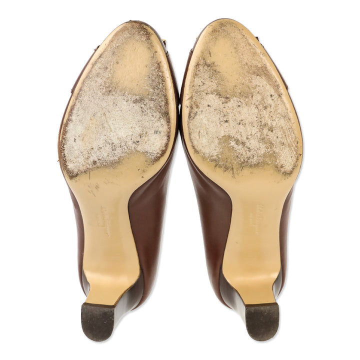 Salvatore Ferragamo Brown Leather Buckle Pumps
