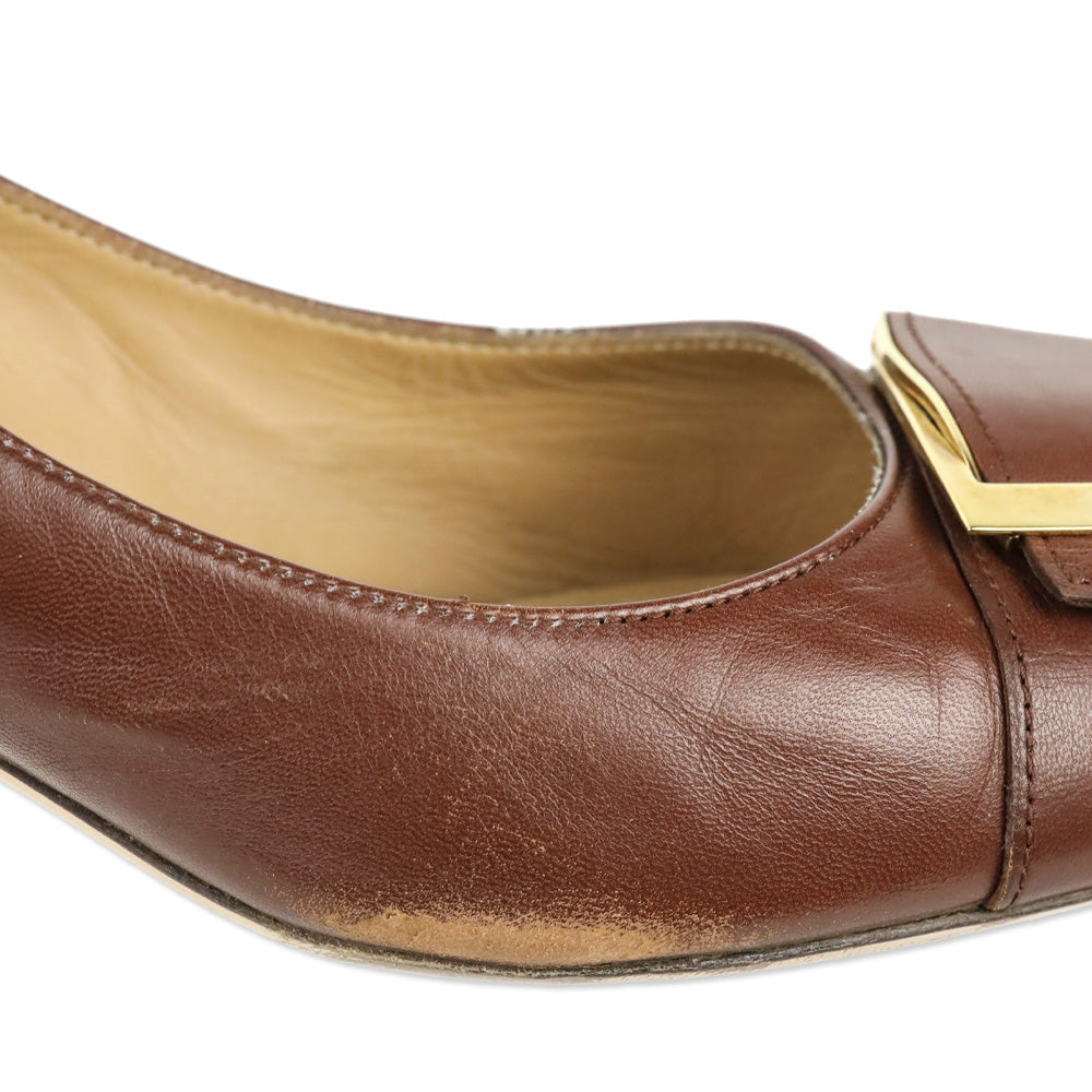 Salvatore Ferragamo Brown Leather Buckle Pumps