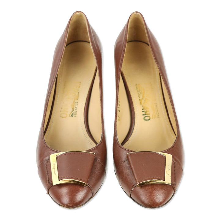 Salvatore Ferragamo Brown Leather Buckle Pumps