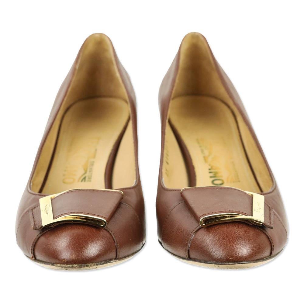Salvatore Ferragamo Brown Leather Buckle Pumps