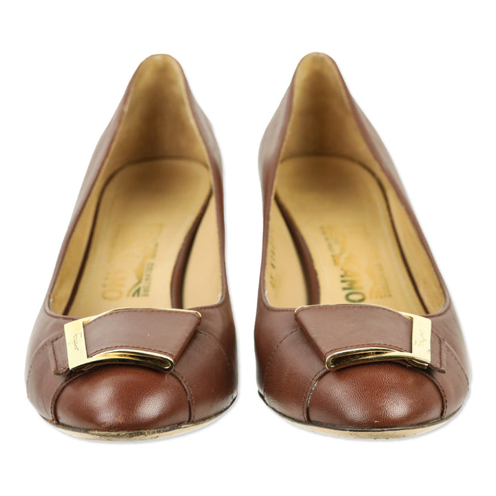 Salvatore Ferragamo Brown Leather Buckle Pumps