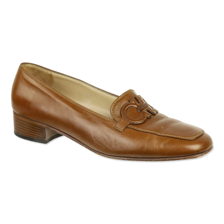 Salvatore Ferragamo Brown Leather Gancini Strap Loafer Pump