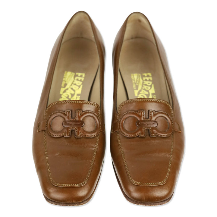 Salvatore Ferragamo Brown Leather Gancini Strap Loafer Pump