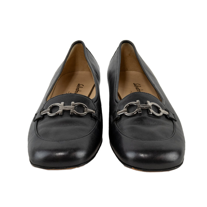 Salvatore Ferragamo Classic Black Leather Loafers with Silver Buckles