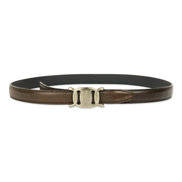 Salvatore Ferragamo Brown Leather Silver Vara Logo Buckle Belt