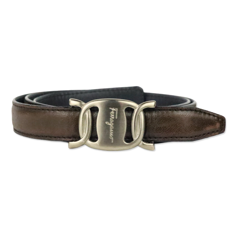 Salvatore Ferragamo Brown Leather Silver Vara Logo Buckle Belt