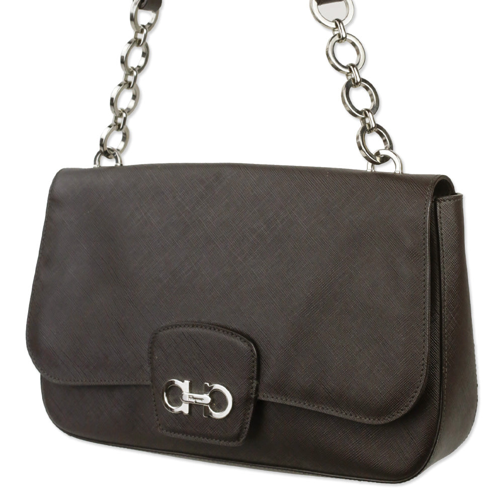 Salvatore Ferragamo Brown Saffiano Leather Gancini Bree Shoulder Bag