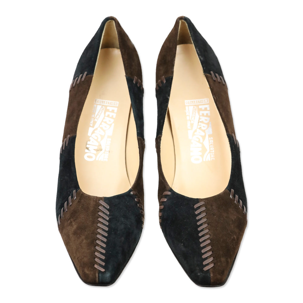 Salvatore Ferragamo Brown/Black Patchwork Suede Whipstitch Pumps