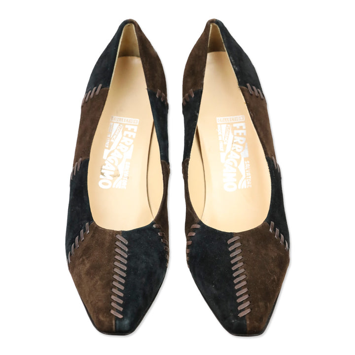 Salvatore Ferragamo Brown/Black Patchwork Suede Whipstitch Pumps
