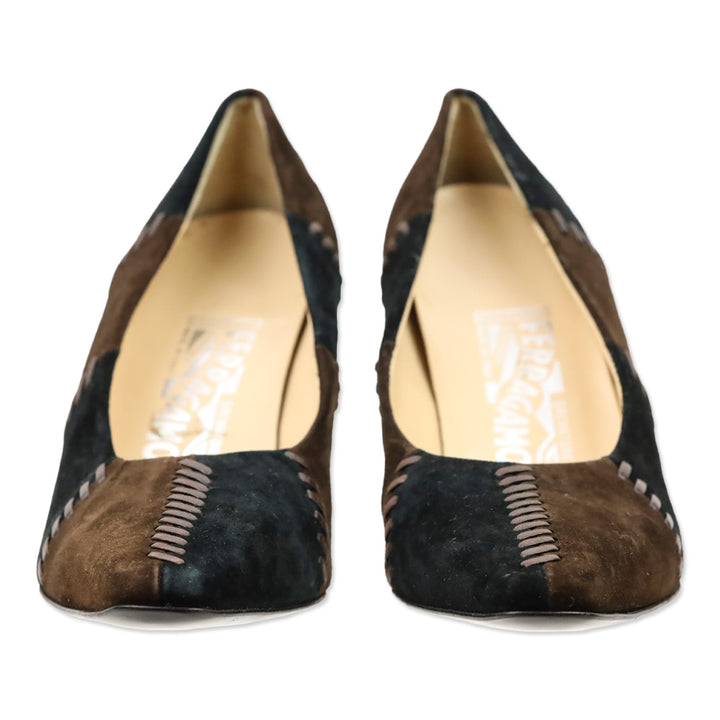 Salvatore Ferragamo Brown/Black Patchwork Suede Whipstitch Pumps
