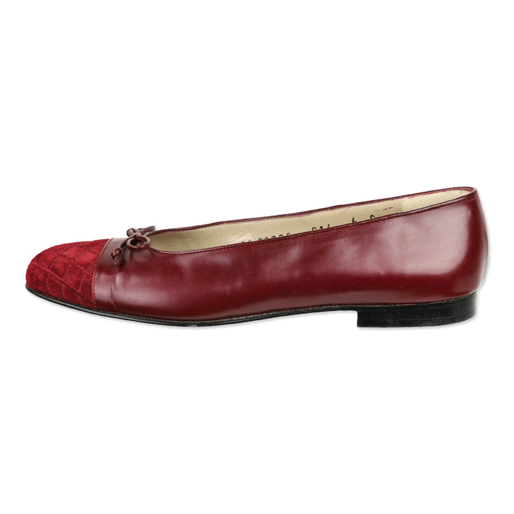 Salvatore Ferragamo Burgundy Leather and Suede Quilted Cap Toe Ballet Flats