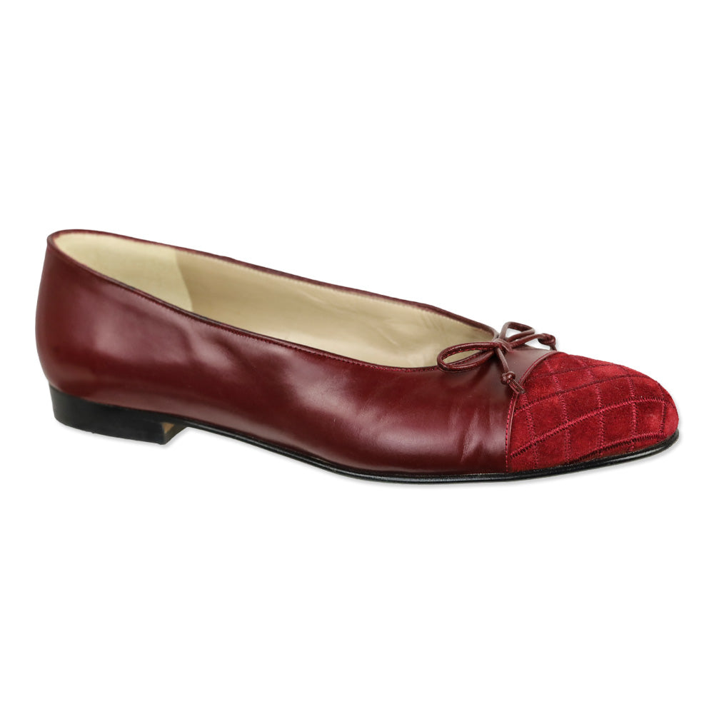 Salvatore Ferragamo Burgundy Leather and Suede Quilted Cap Toe Ballet Flats