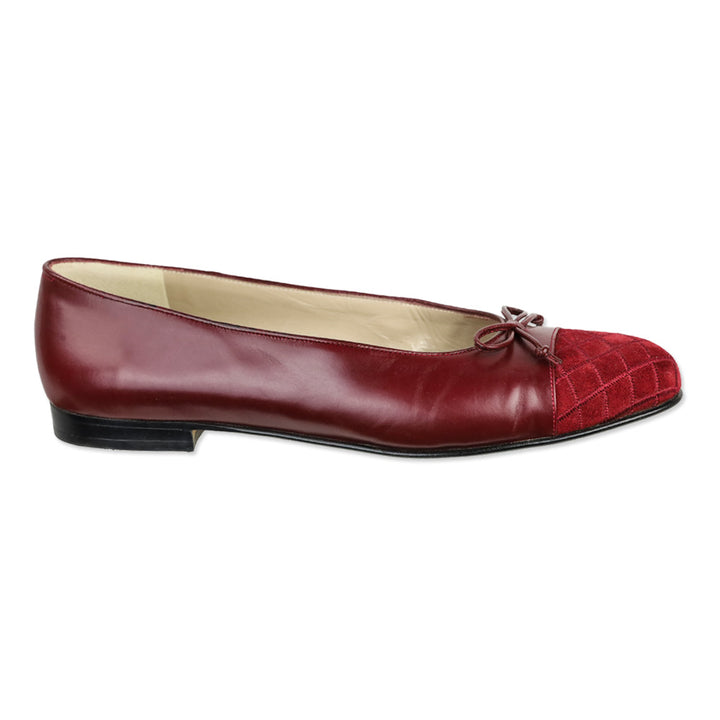 Salvatore Ferragamo Burgundy Leather and Suede Quilted Cap Toe Ballet Flats