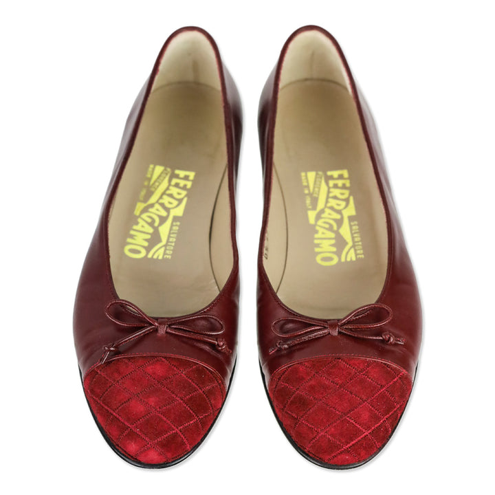 Salvatore Ferragamo Burgundy Leather and Suede Quilted Cap Toe Ballet Flats