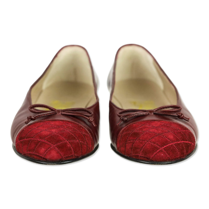 Salvatore Ferragamo Burgundy Leather and Suede Quilted Cap Toe Ballet Flats