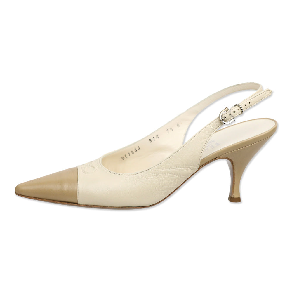 Salvatore Ferragamo Carisa Cream Leather Cap Toe Slingback Pumps