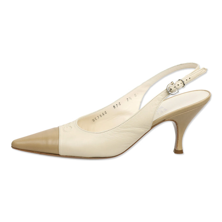 Salvatore Ferragamo Carisa Cream Leather Cap Toe Slingback Pumps