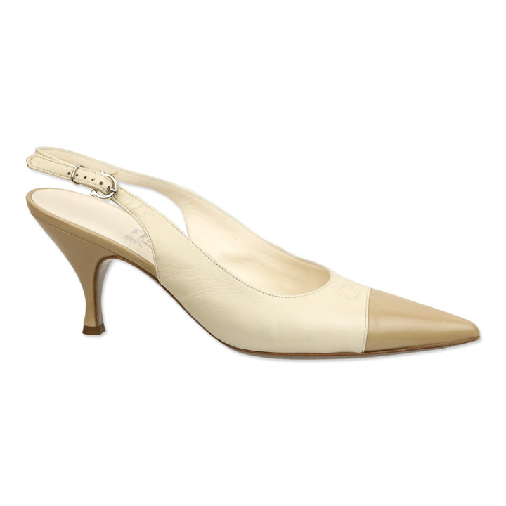 Salvatore Ferragamo Carisa Cream Leather Cap Toe Slingback Pumps