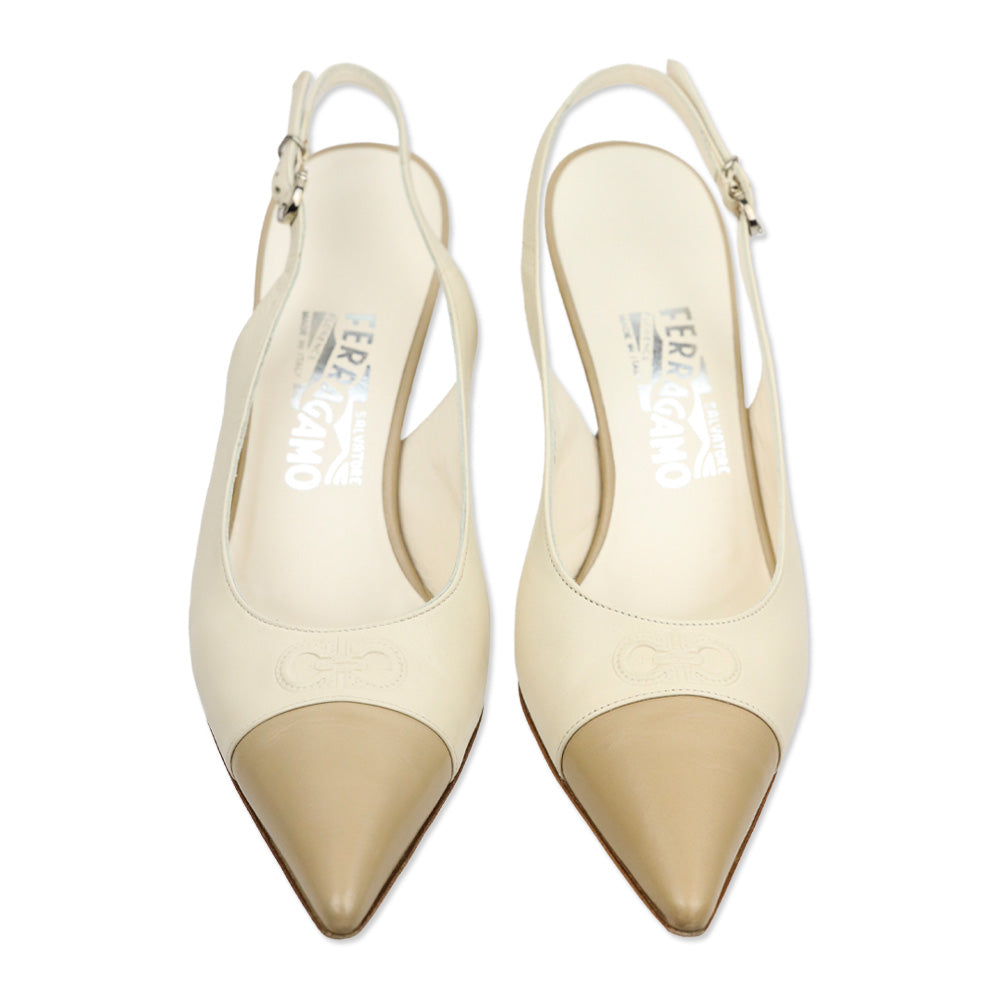 Salvatore Ferragamo Carisa Cream Leather Cap Toe Slingback Pumps