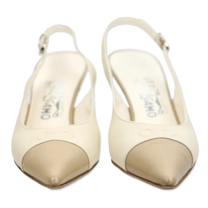 Salvatore Ferragamo Carisa Cream Leather Cap Toe Slingback Pumps