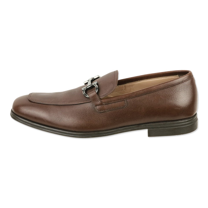 Salvatore Ferragamo Chocolate Brown Pebble Calf Leather Scarlet Gancini Double Bit Loafer