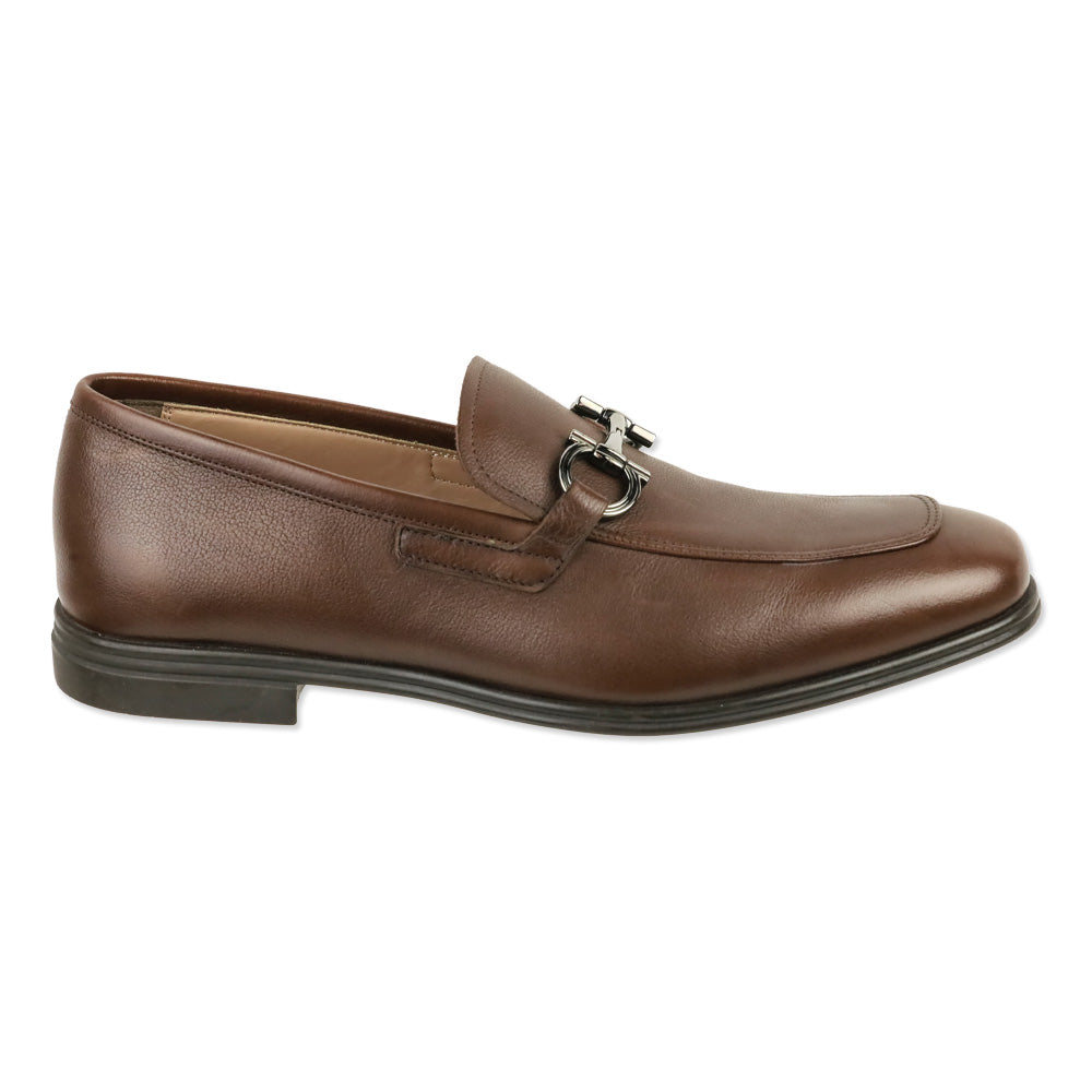Salvatore Ferragamo Chocolate Brown Pebble Calf Leather Scarlet Gancini Double Bit Loafer