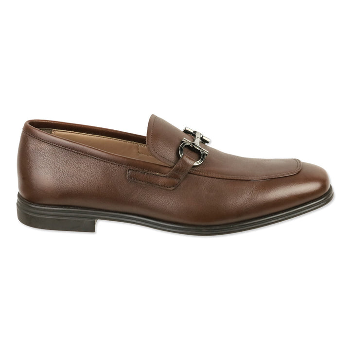 Salvatore Ferragamo Chocolate Brown Pebble Calf Leather Scarlet Gancini Double Bit Loafer