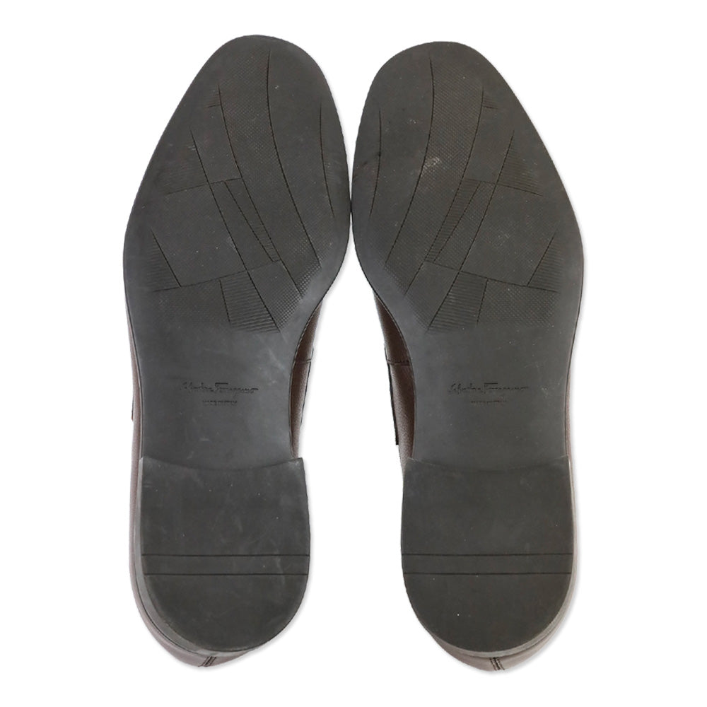 Salvatore Ferragamo Chocolate Brown Pebble Calf Leather Scarlet Gancini Double Bit Loafer