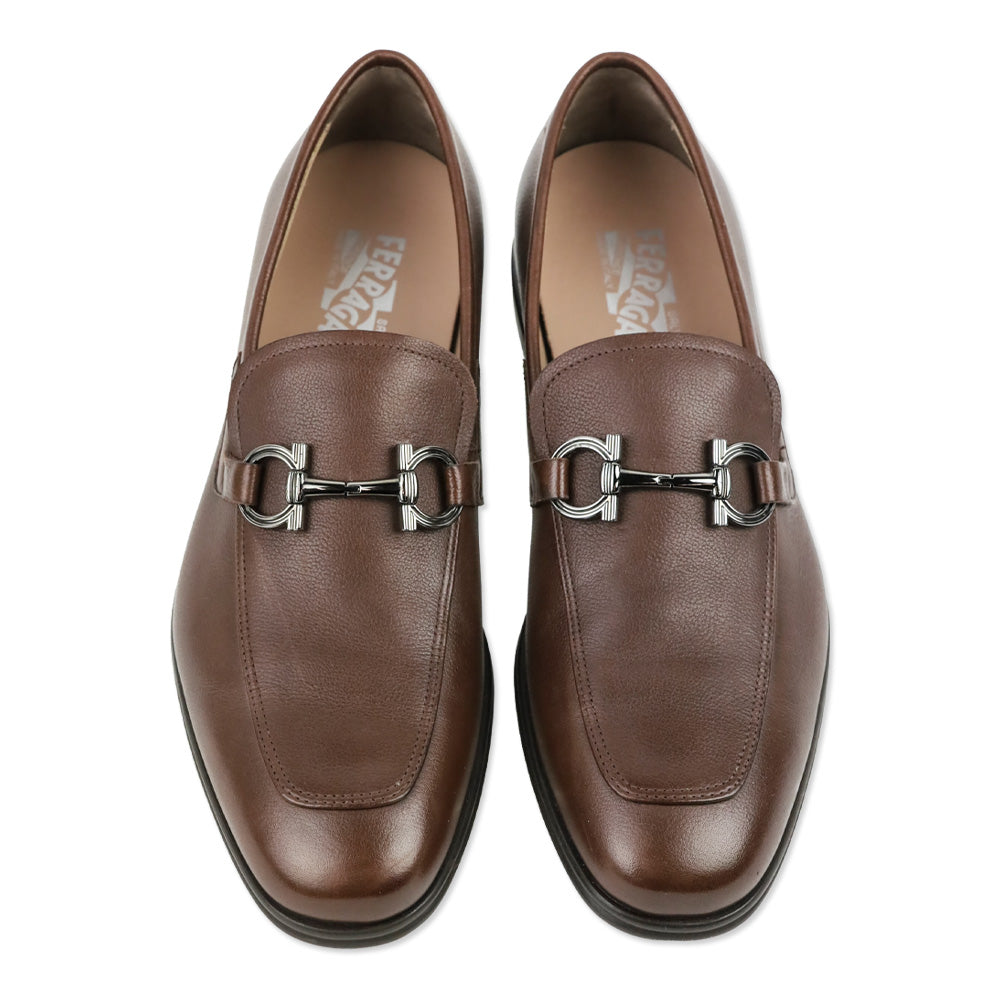 Salvatore Ferragamo Chocolate Brown Pebble Calf Leather Scarlet Gancini Double Bit Loafer