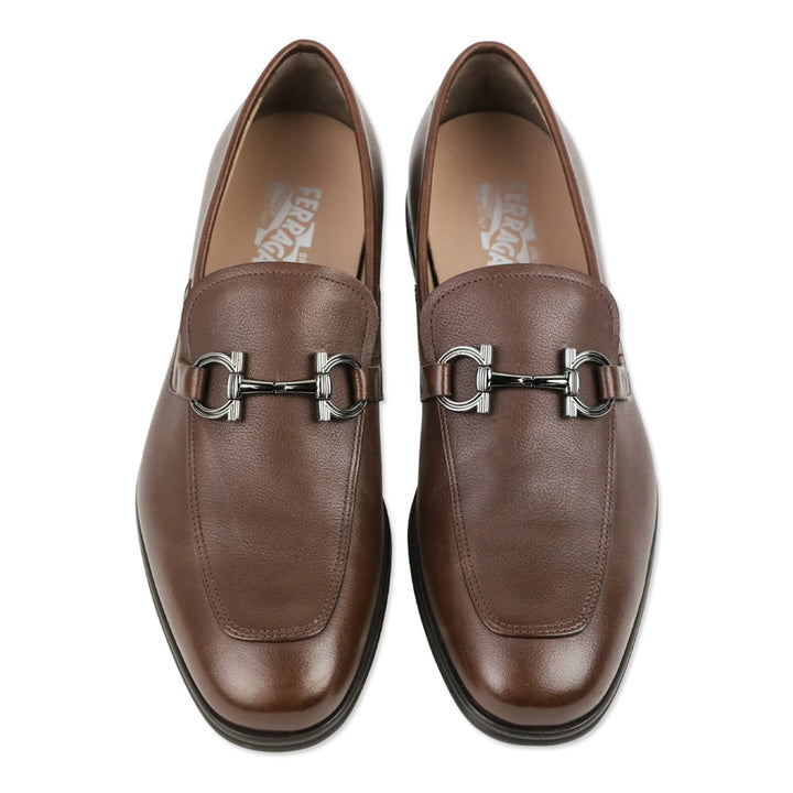 Salvatore Ferragamo Chocolate Brown Pebble Calf Leather Scarlet Gancini Double Bit Loafer