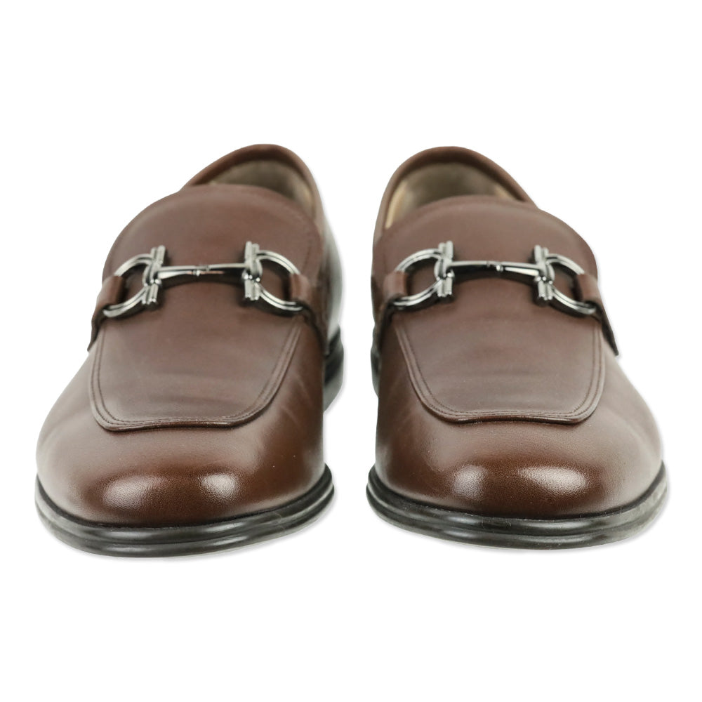 Salvatore Ferragamo Chocolate Brown Pebble Calf Leather Scarlet Gancini Double Bit Loafer