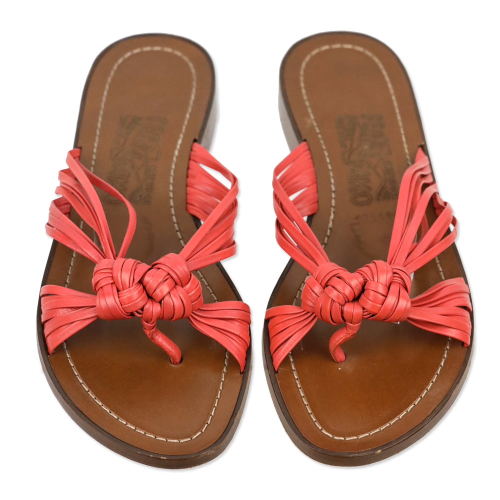 Salvatore Ferragamo Coral Leather Strappy Knot Thong Sandal