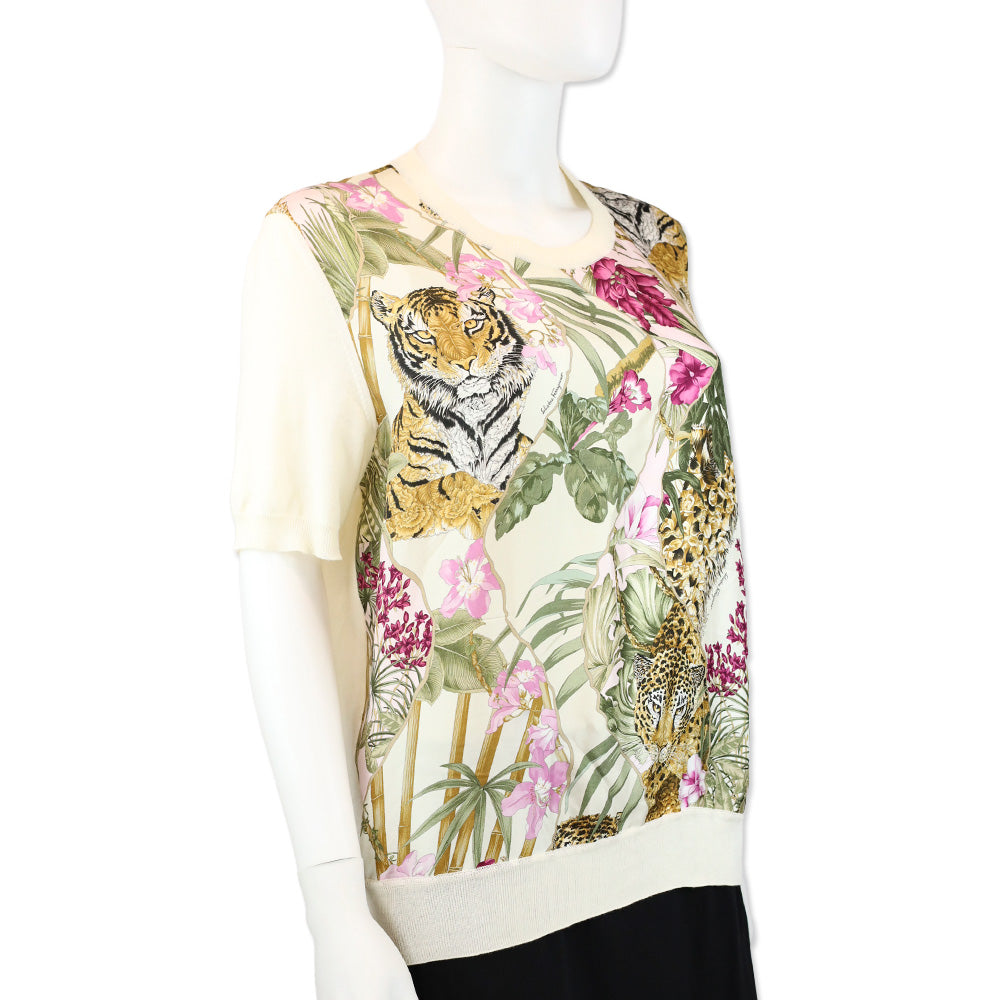 Salvatore Ferragamo Cream Cotton Knit Floral Jungle Print Silk Panel Sweater