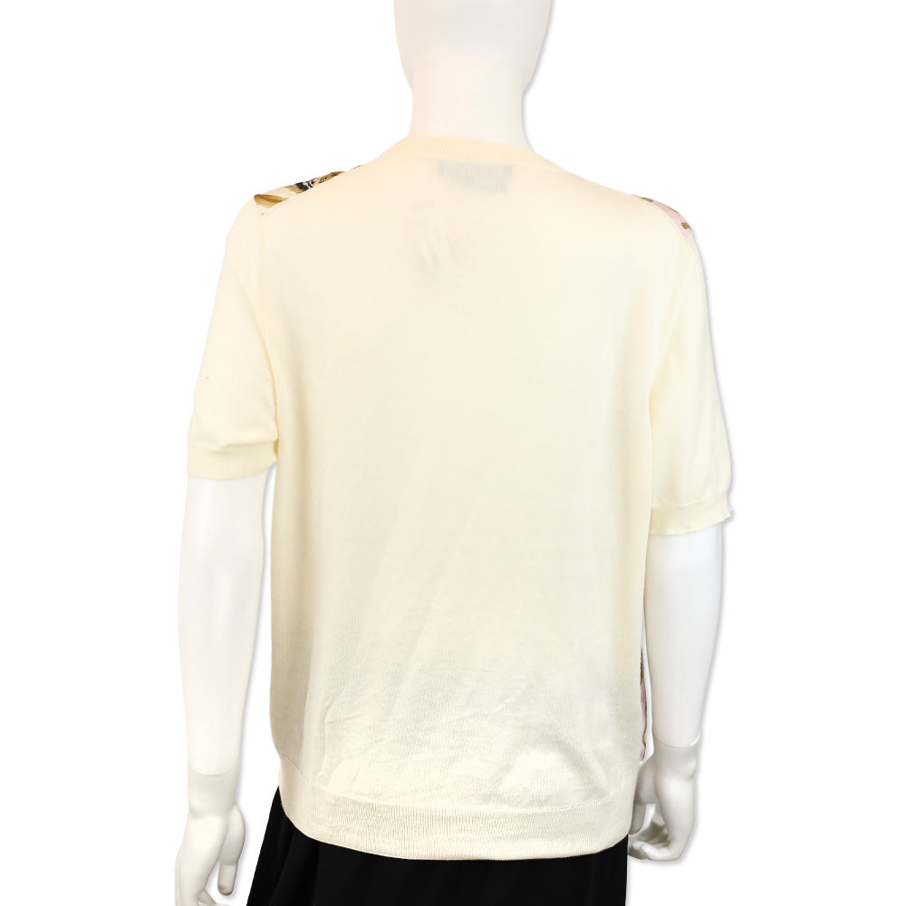 Salvatore Ferragamo Cream Cotton Knit Floral Jungle Print Silk Panel Sweater
