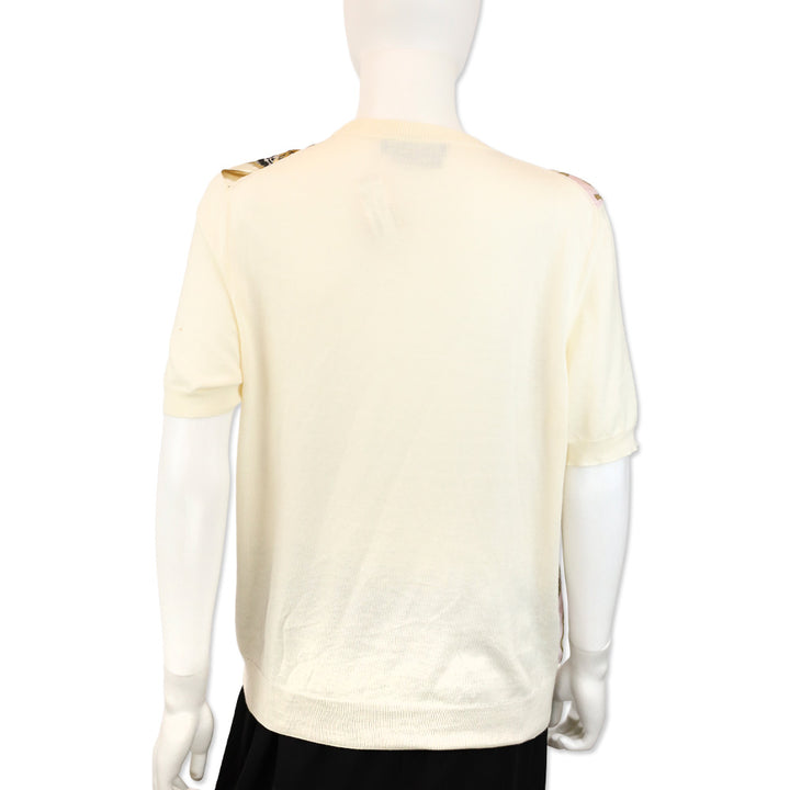 Salvatore Ferragamo Cream Cotton Knit Floral Jungle Print Silk Panel Sweater