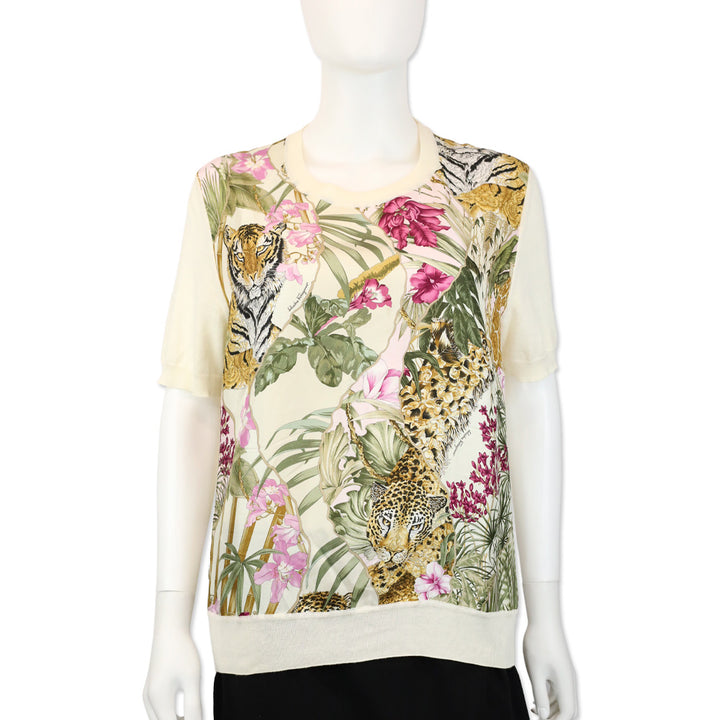 Salvatore Ferragamo Cream Cotton Knit Floral Jungle Print Silk Panel Sweater