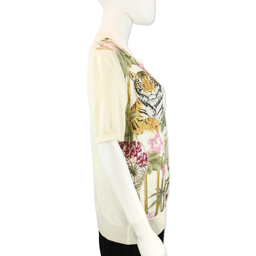 Salvatore Ferragamo Cream Cotton Knit Floral Jungle Print Silk Panel Sweater