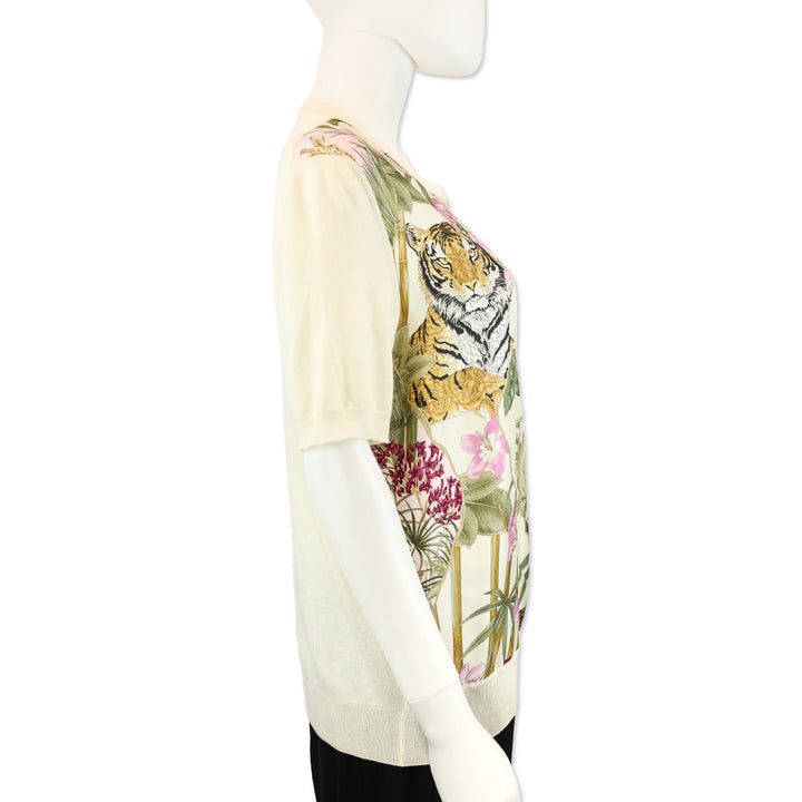Salvatore Ferragamo Cream Cotton Knit Floral Jungle Print Silk Panel Sweater