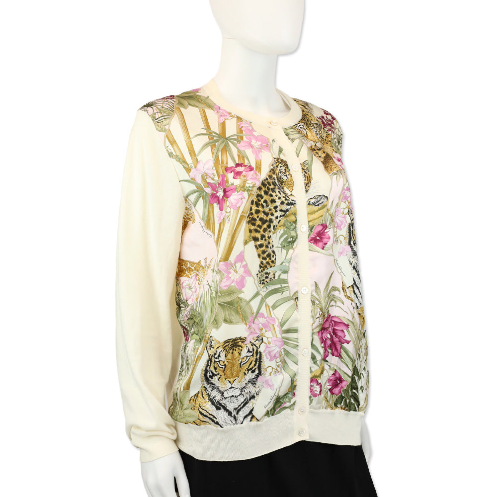 Salvatore Ferragamo Cream Cotton Knit Floral Leopard Print Silk Panel Cardigan Sweater