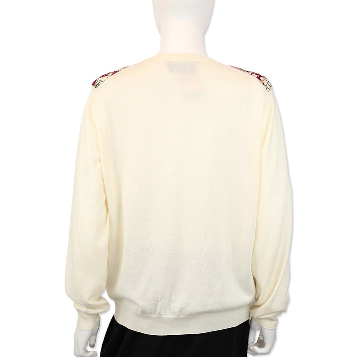 Salvatore Ferragamo Cream Cotton Knit Floral Leopard Print Silk Panel Cardigan Sweater