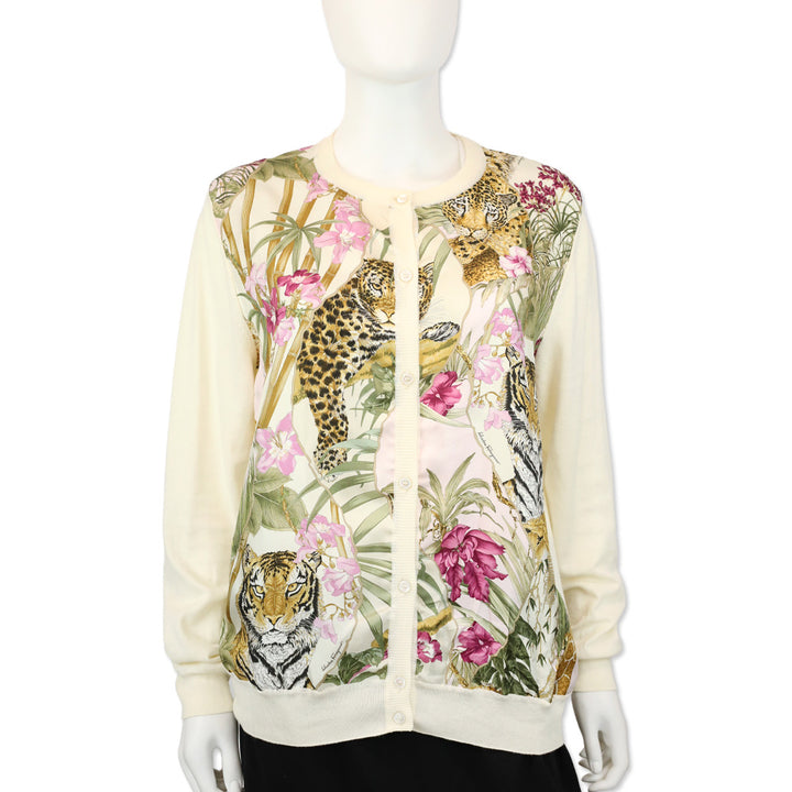 Salvatore Ferragamo Cream Cotton Knit Floral Leopard Print Silk Panel Cardigan Sweater