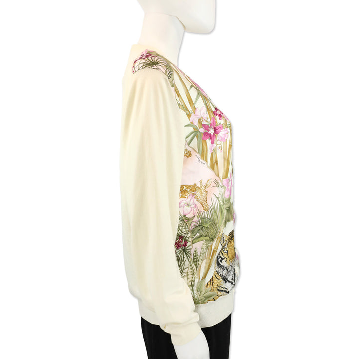 Salvatore Ferragamo Cream Cotton Knit Floral Leopard Print Silk Panel Cardigan Sweater