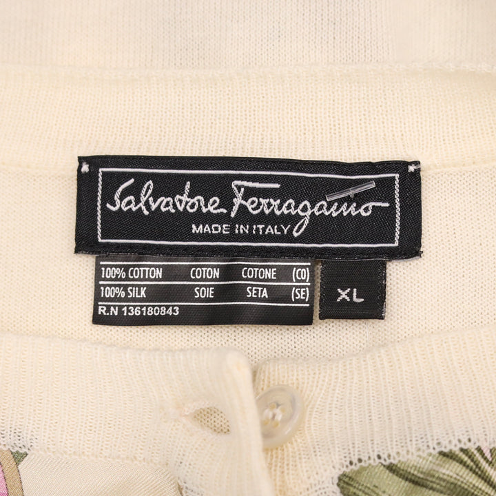 Salvatore Ferragamo Cream Cotton Knit Floral Leopard Print Silk Panel Cardigan Sweater